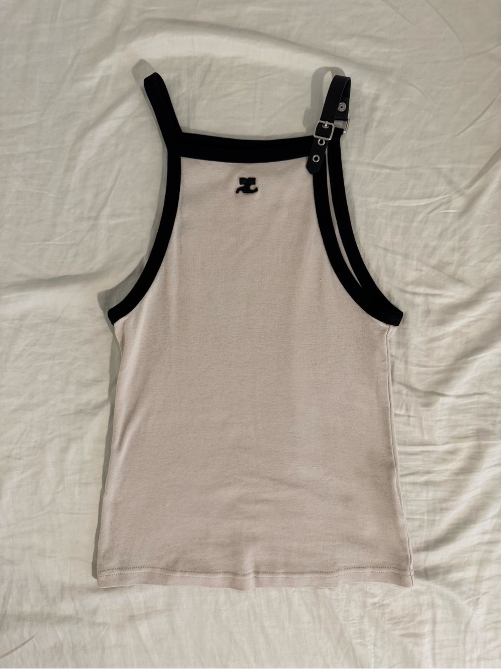 Courreges Cream Tank Top with Black Trim and Adjustable Buckle Strap XS